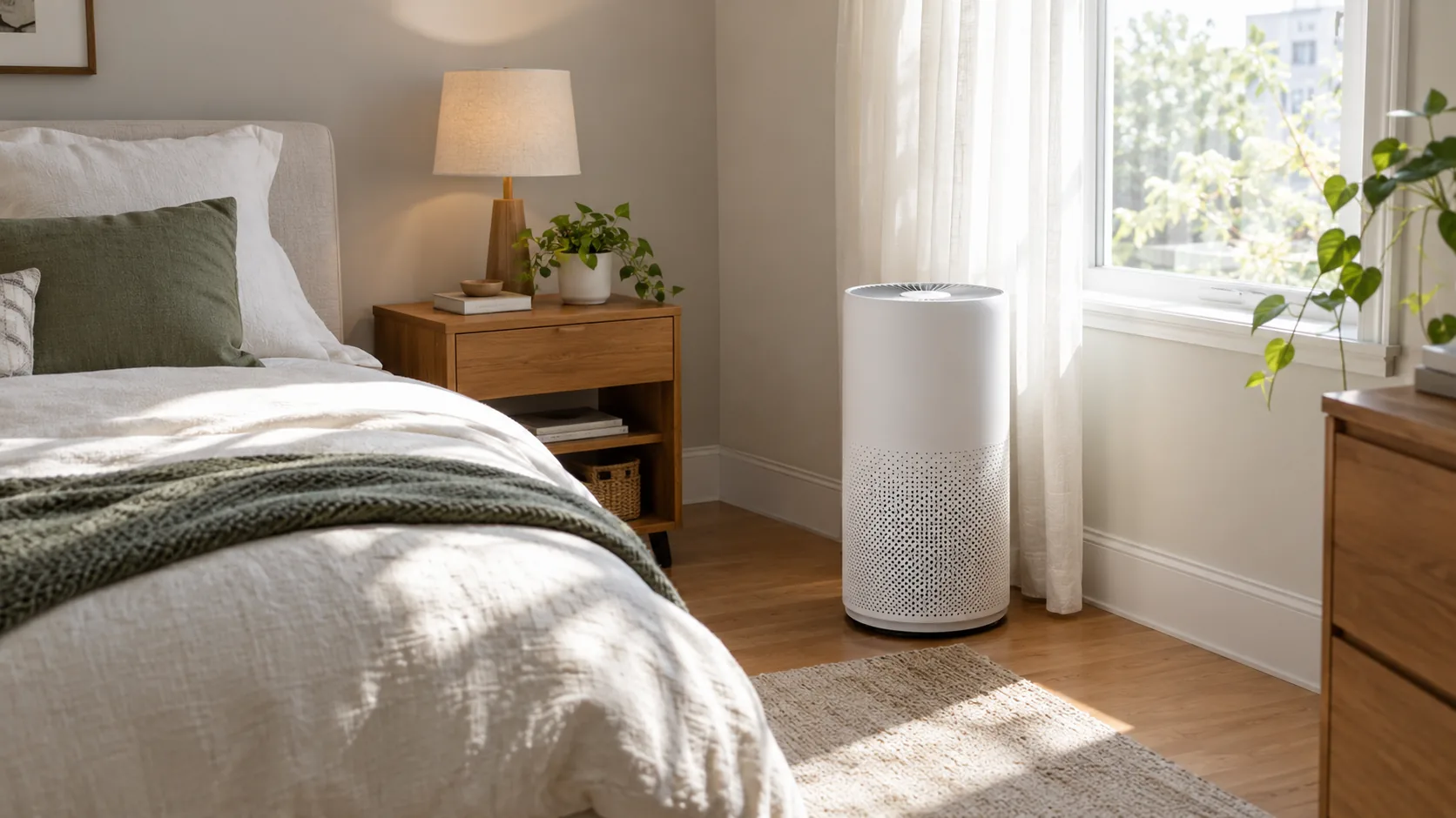 Small bedroom with a compact floor-standing air purifier near the window