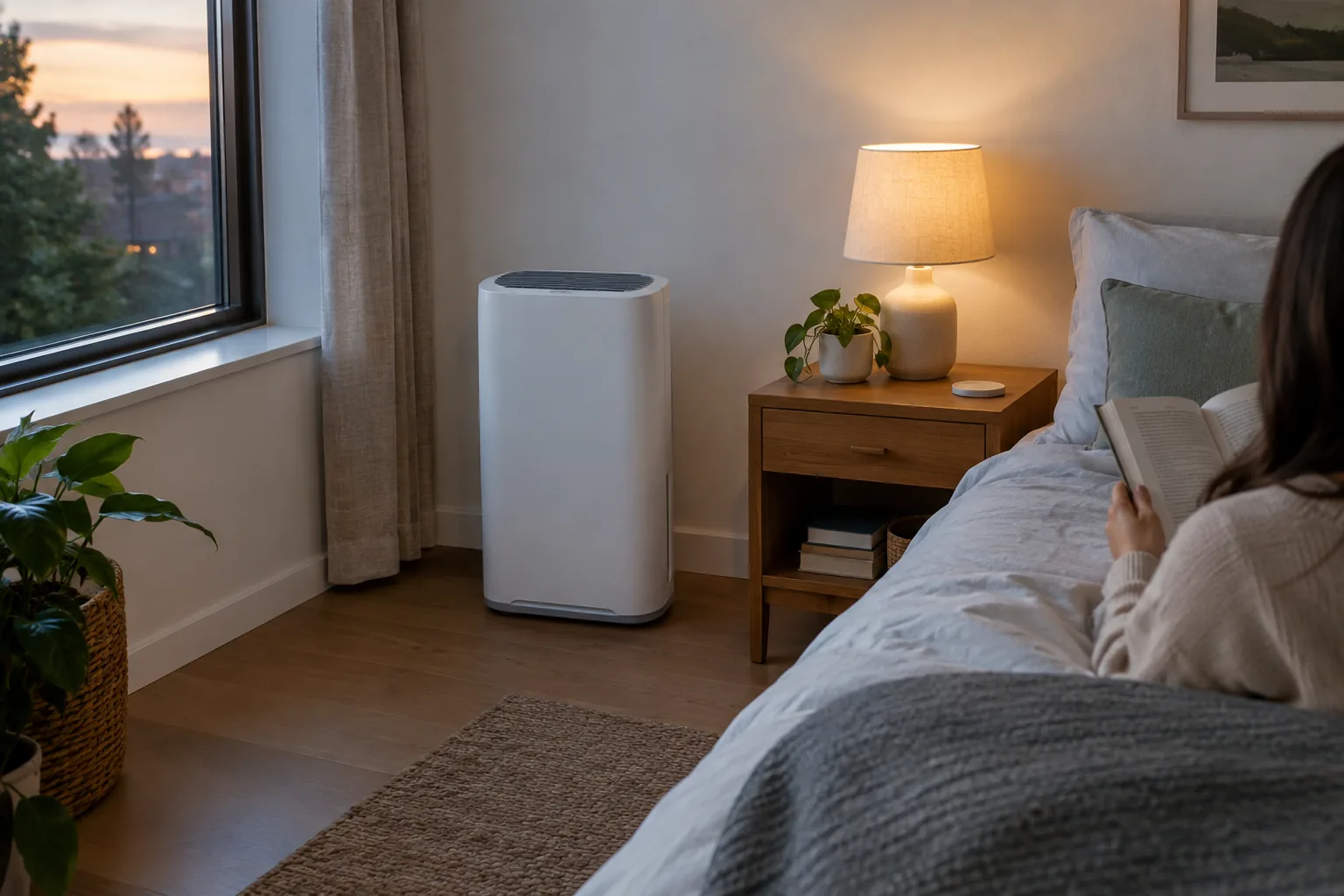 Compact purifier placed with open space around it in a small bedroom