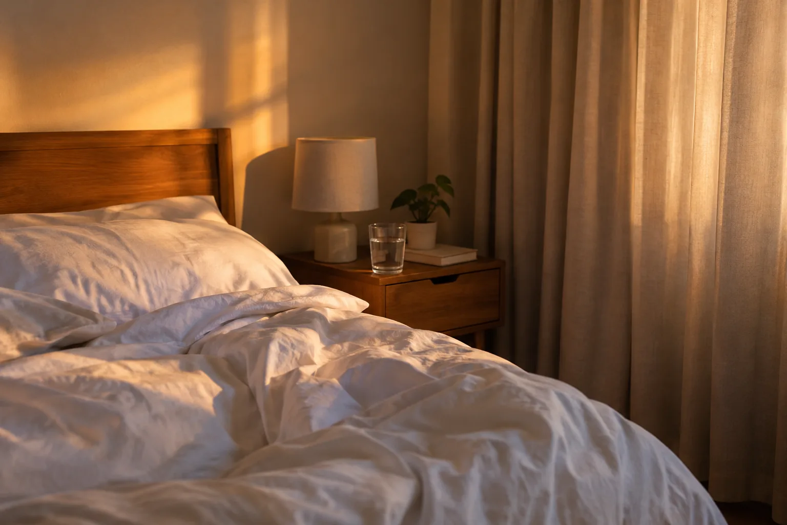 Bedroom nightstand lit by a warm glow in the early morning, an alarm clock with sunrise simulation at work