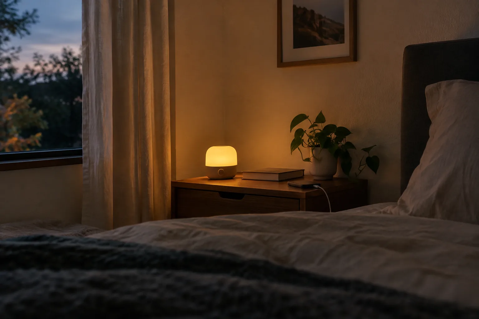 Nightstand with a dim amber evening glow, set up for sunrise mornings