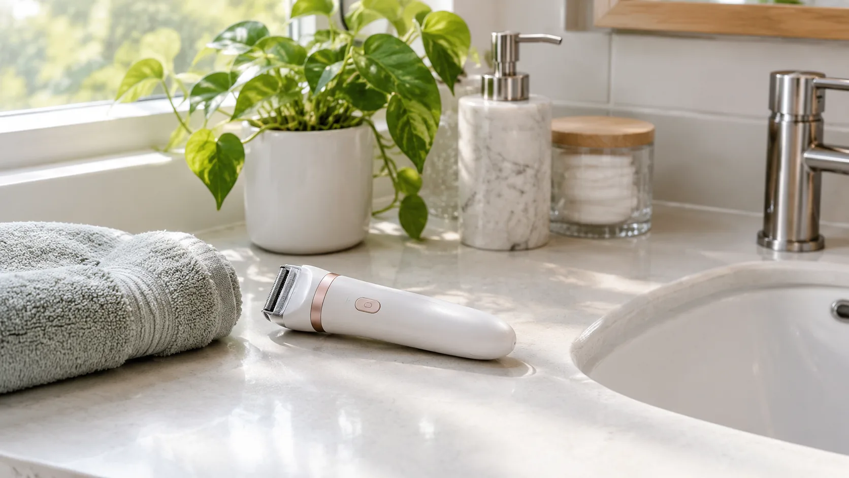 Bright bathroom counter with towel, plant and a compact grooming device