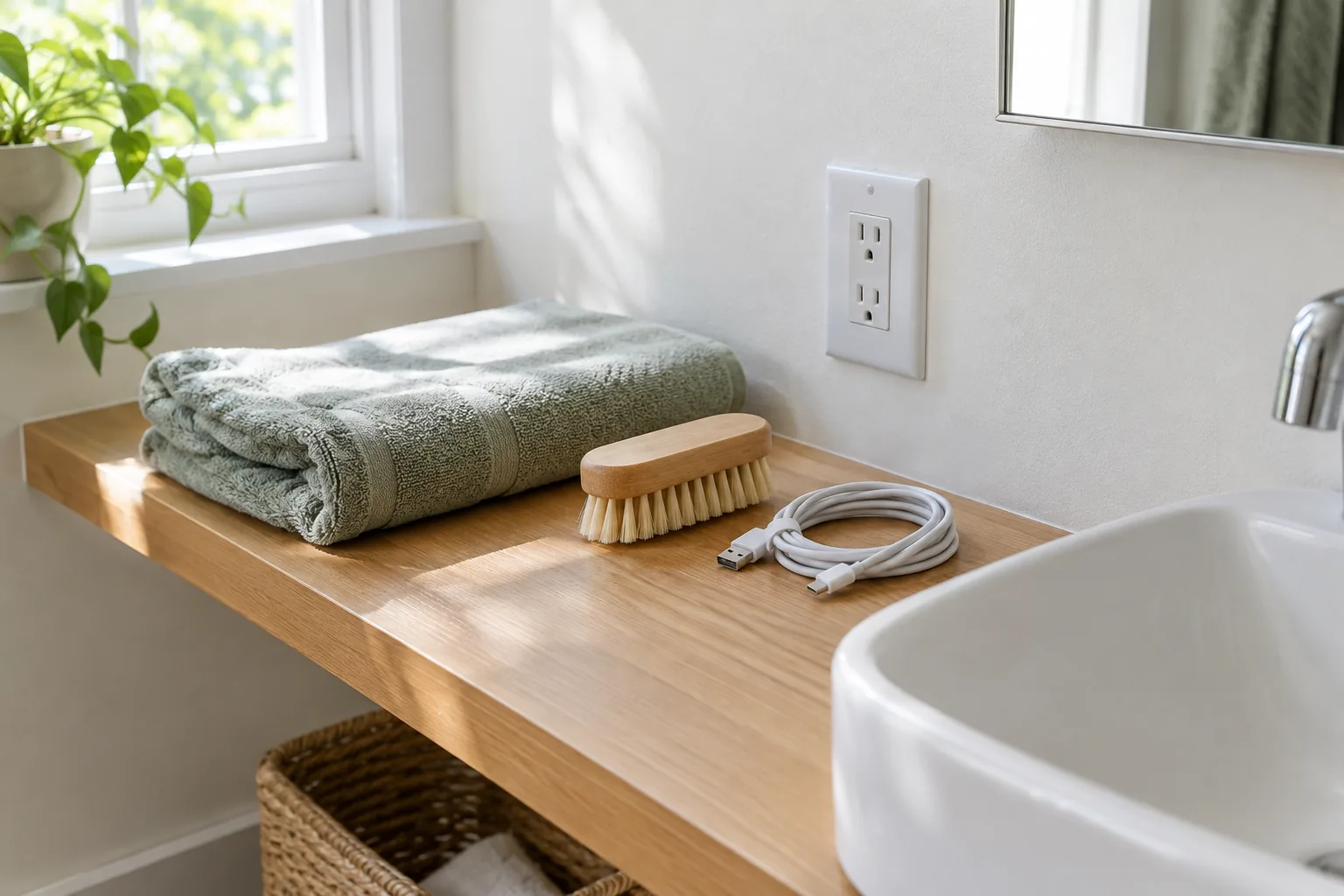 Bathroom shelf with towel, small brush and coiled charging cable