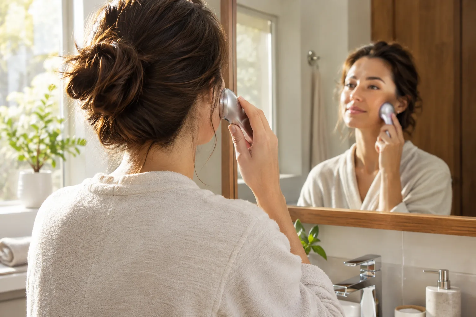 Using a good electric shaver for women on the face at a bathroom mirror