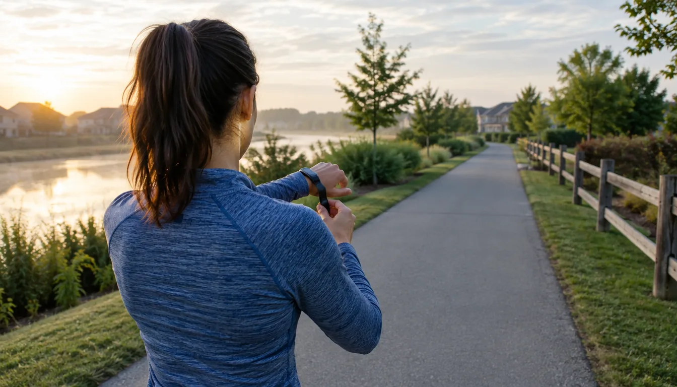 Runner tightening a fitness band on a morning trail
