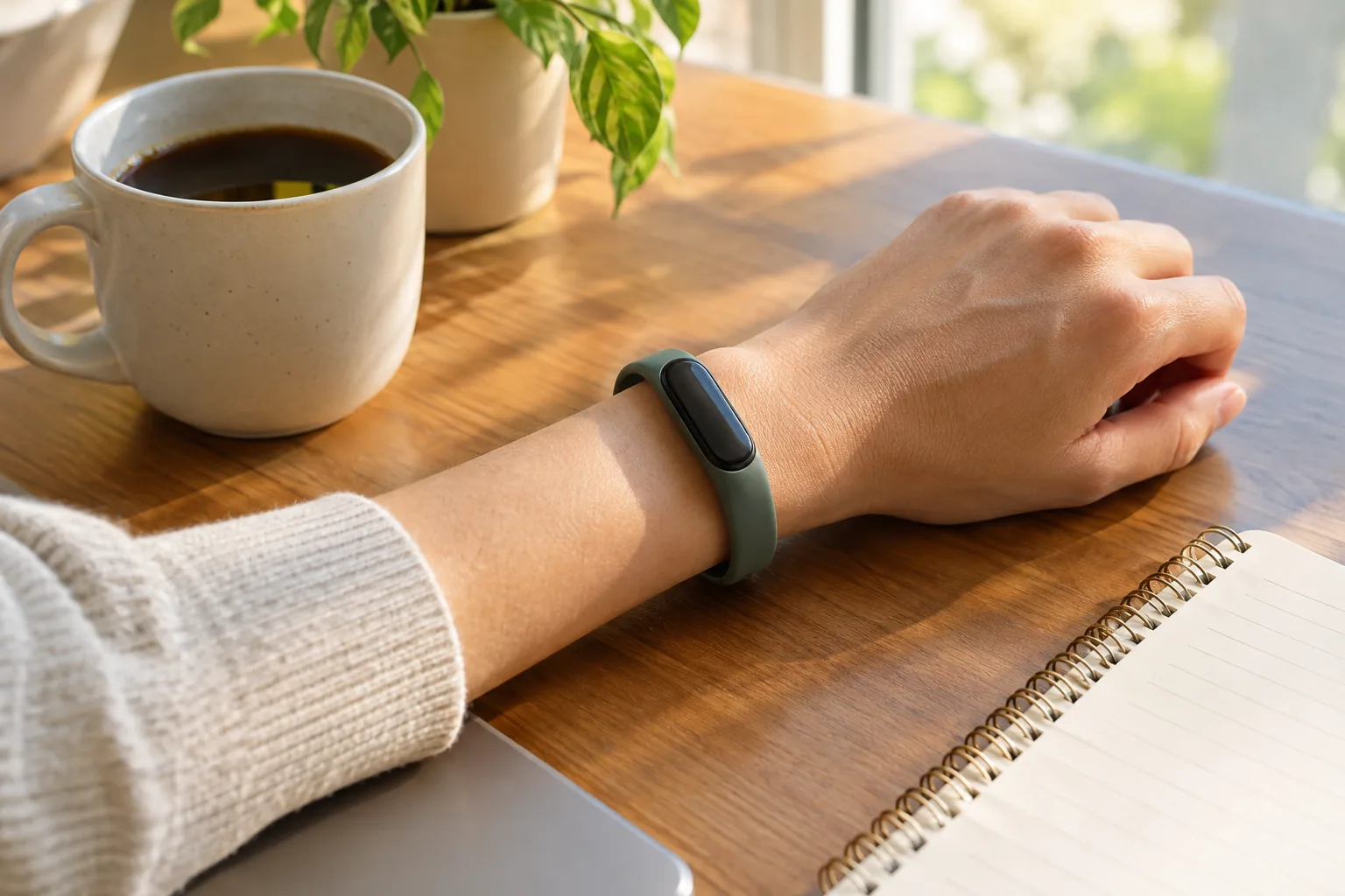 Fitness tracker heart rate sensor band worn above the wrist bone on a desk