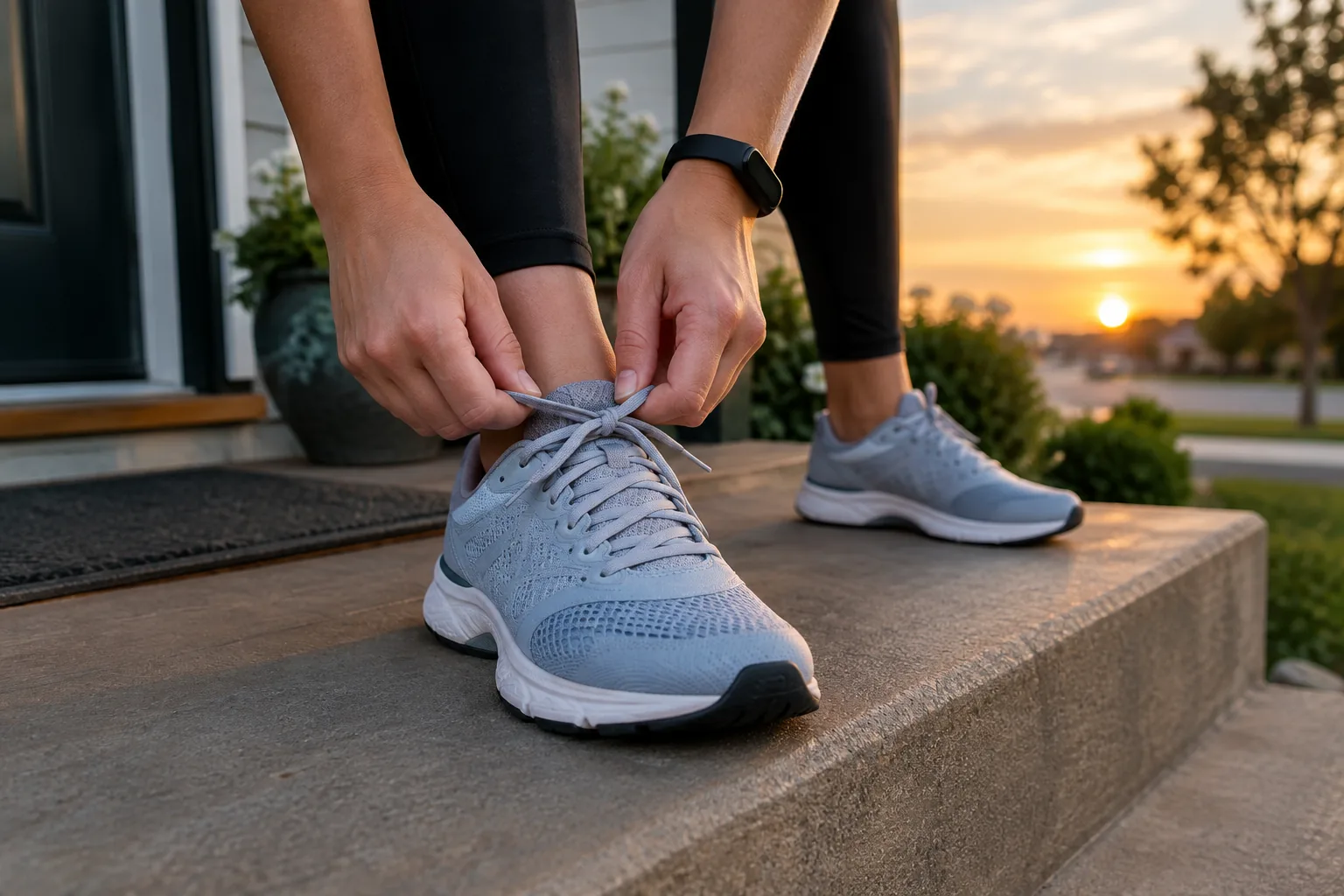 Hands tying running shoes with a fitness band on the wrist
