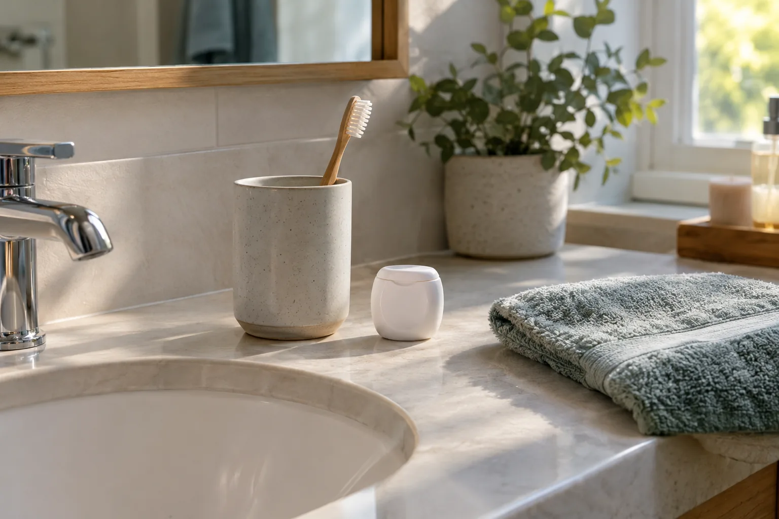Bathroom counter set up for deciding whether to floss or brush first