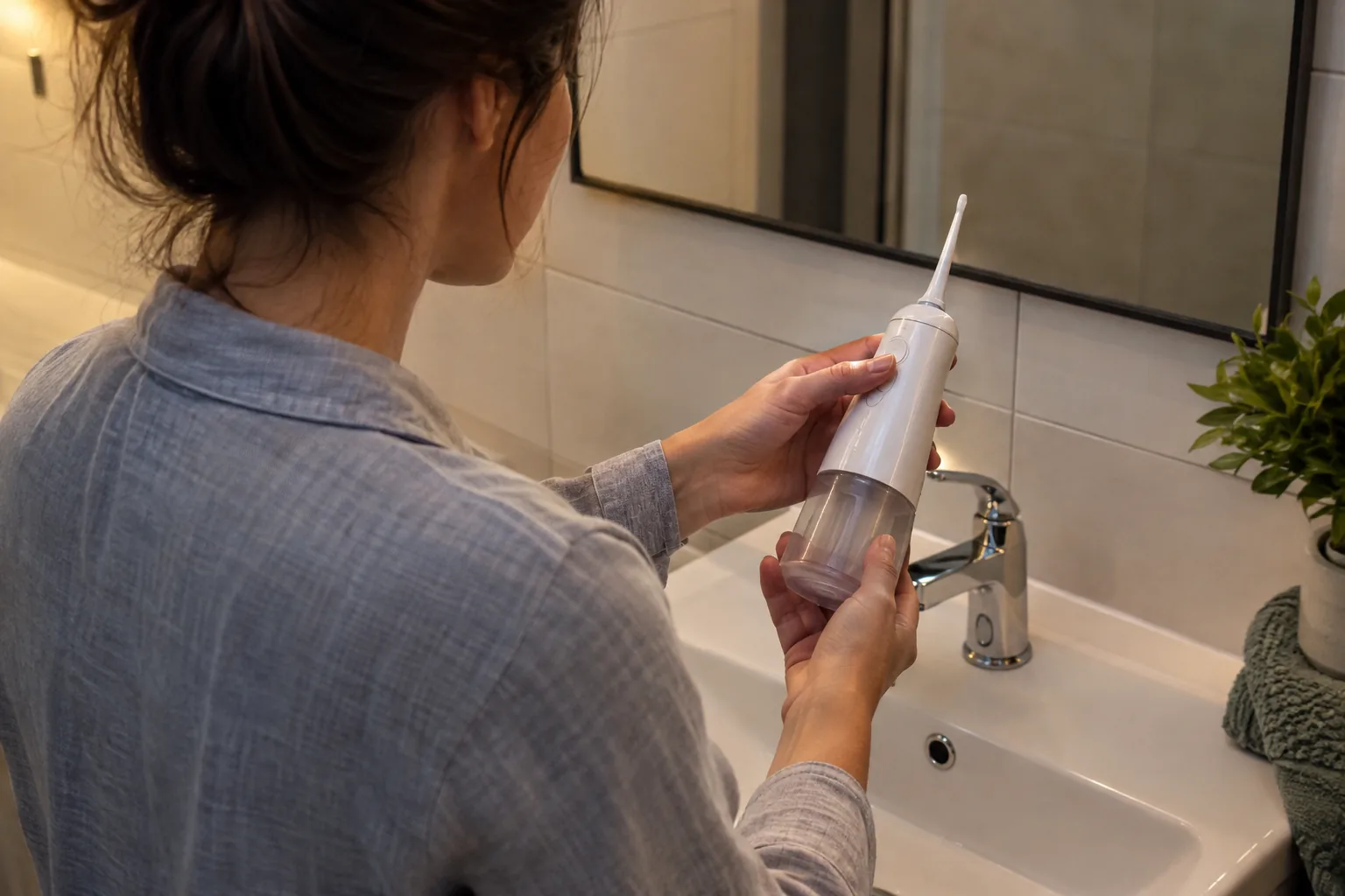 Adult leaning over a sink using an electric flosser as part of an evening routine