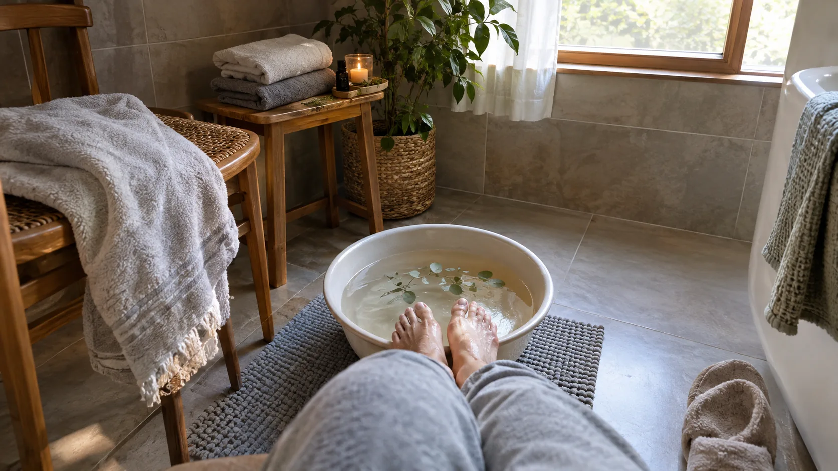 Calm bathroom corner prepared for a foot spa at home