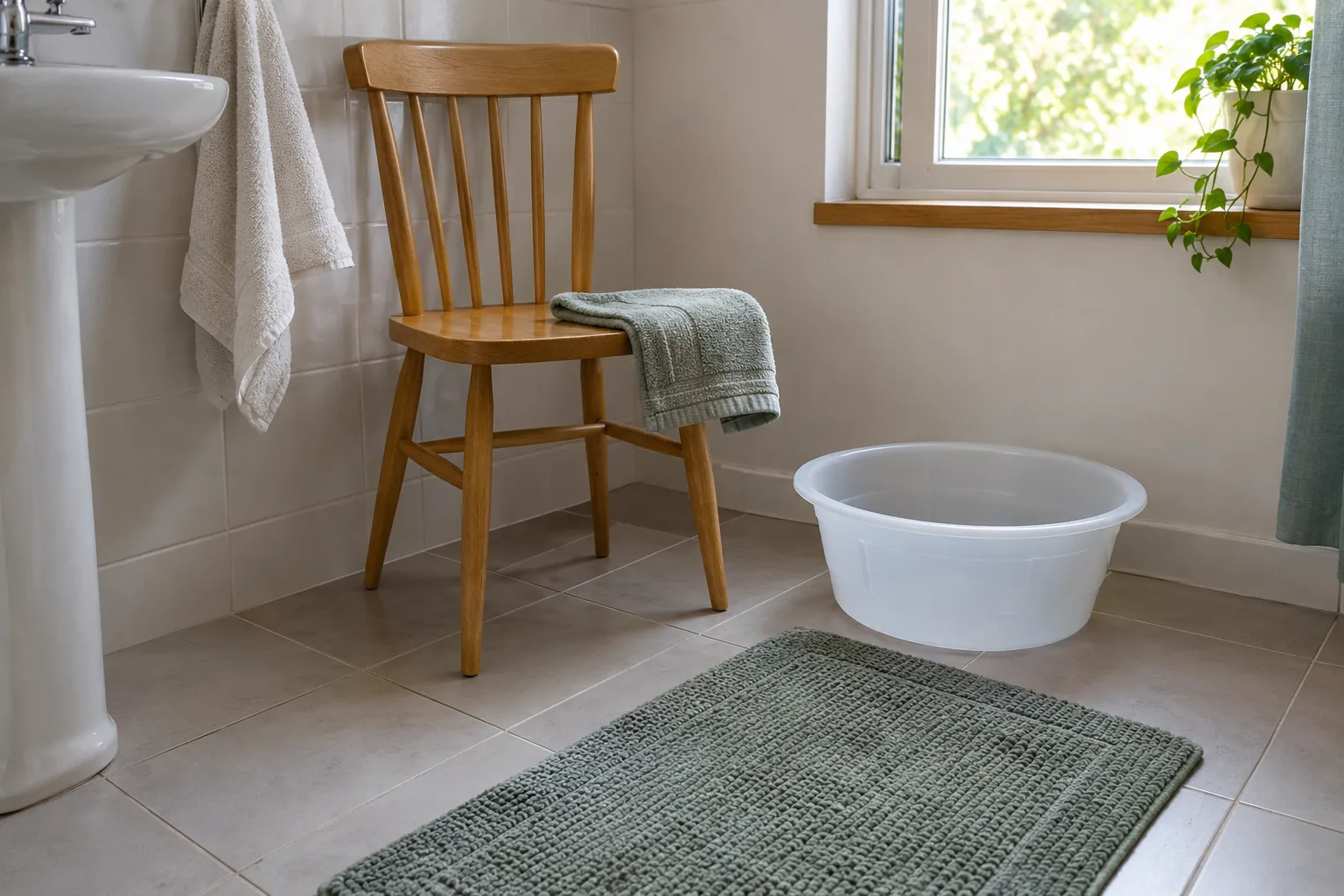 Chair, towel and empty basin set up for a foot spa at home