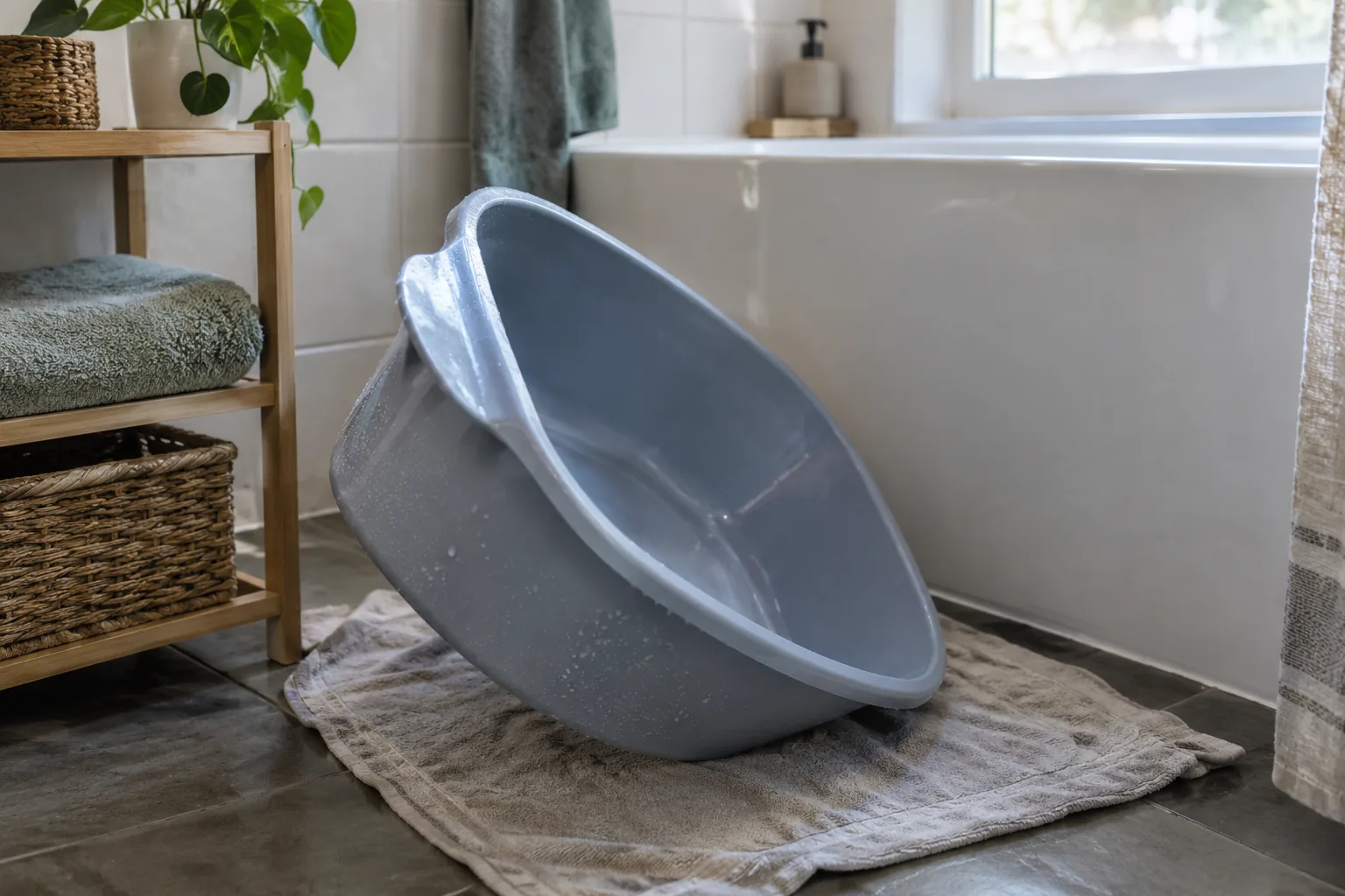 Rinsed foot basin drying on a towel after a soak