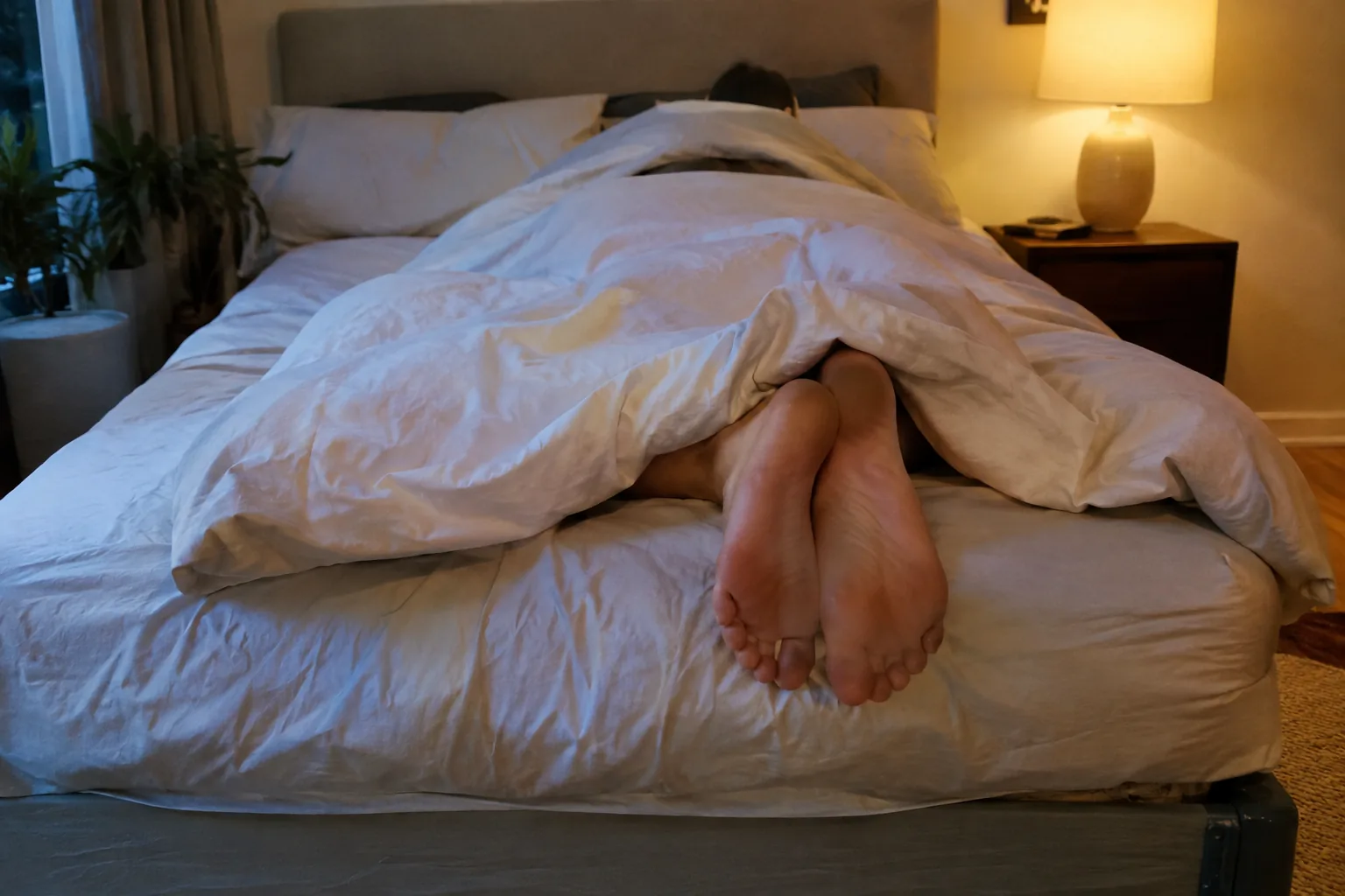 Foot end of a bed where a foot warmer in bed would sit, comforter pulled back