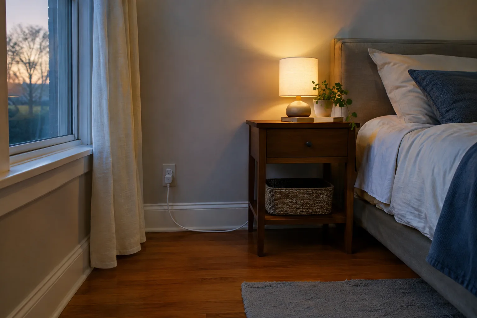 Cord routed neatly along the baseboard to the foot of a bed