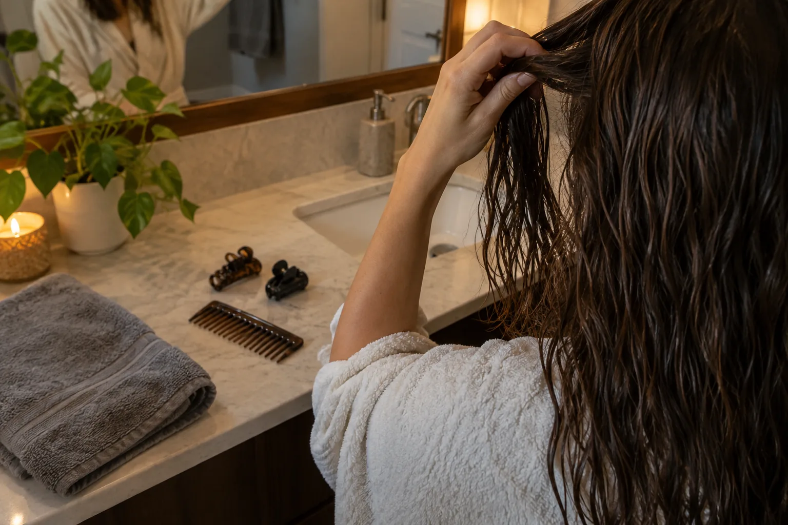 Towel, wide-tooth comb and clips laid out to avoid going to sleep with wet hair