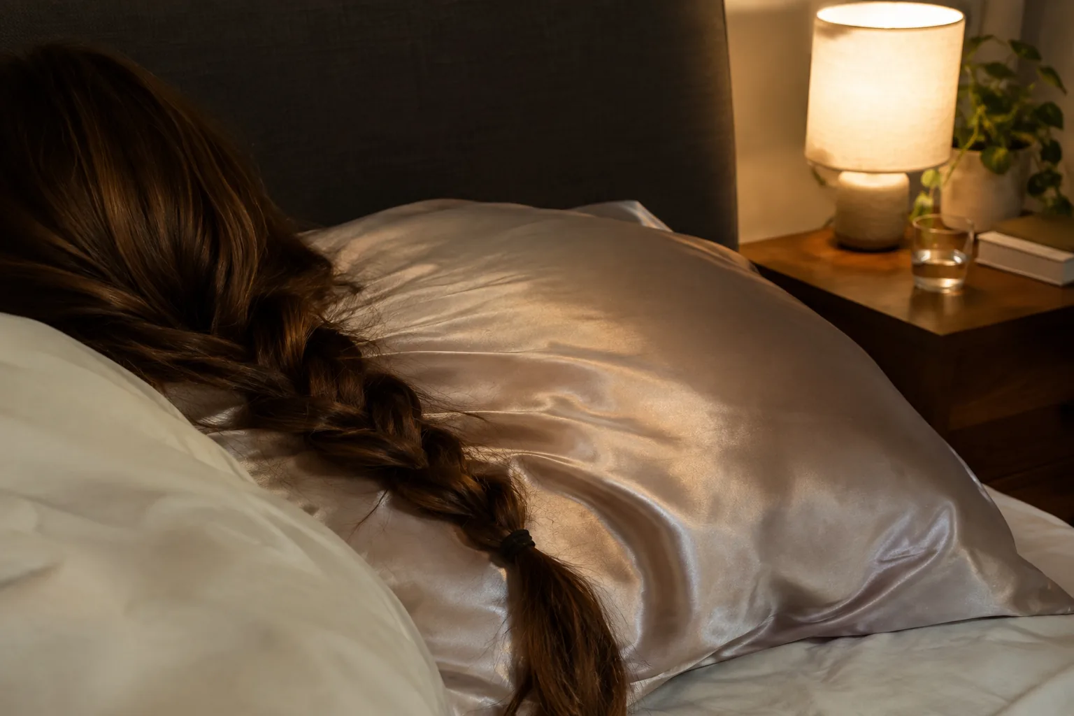 Loosely braided hair on a satin pillowcase at night