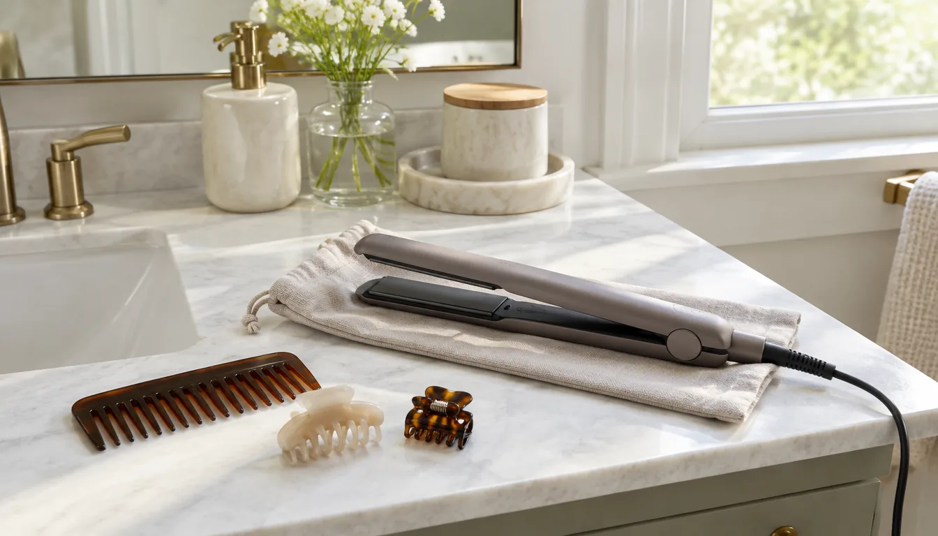 Flat iron, comb and clips on a bathroom vanity, set out to choose good hair straighteners