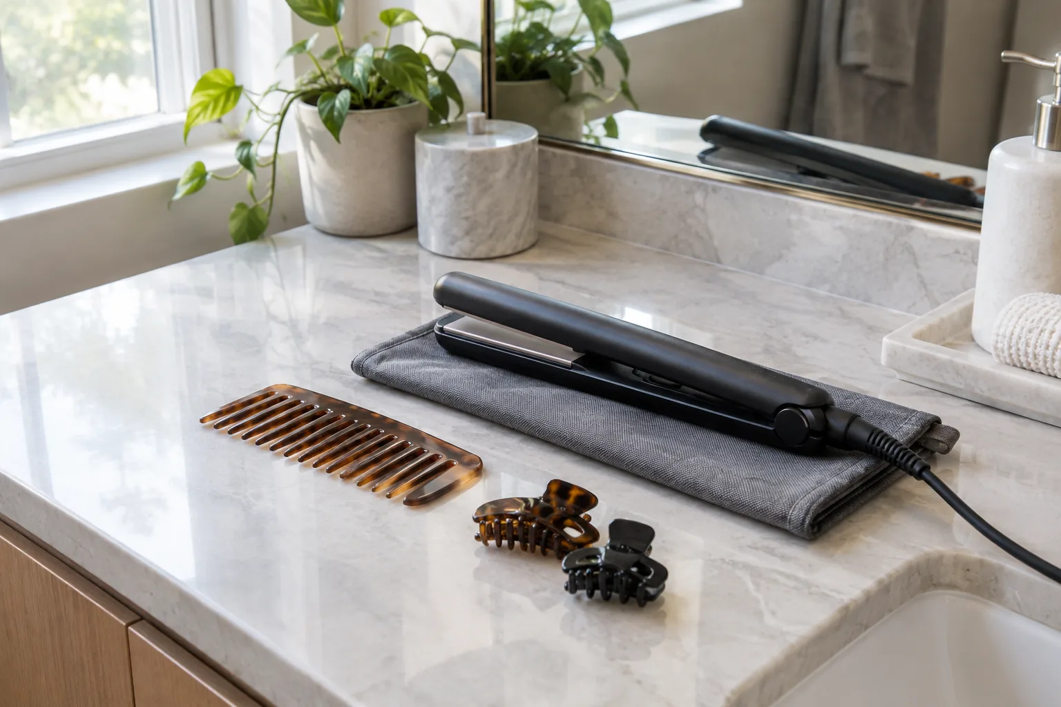 Flat iron on a heat-resistant pouch beside a comb and hair clips on a bathroom counter