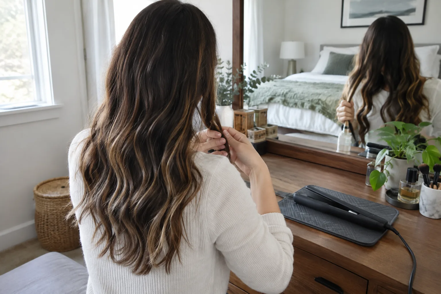 Hands sectioning long hair at a dresser before curling hair with straighteners