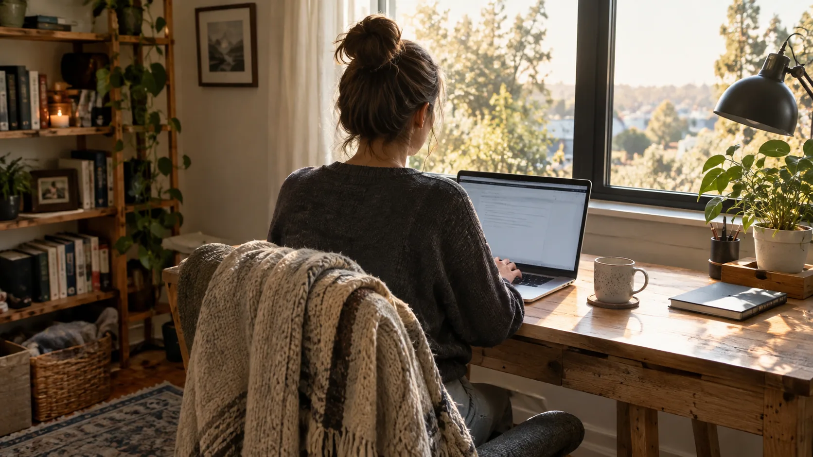 Person seen from behind at a desk in a quiet home office, where a heated neck & shoulder wrap might be worn