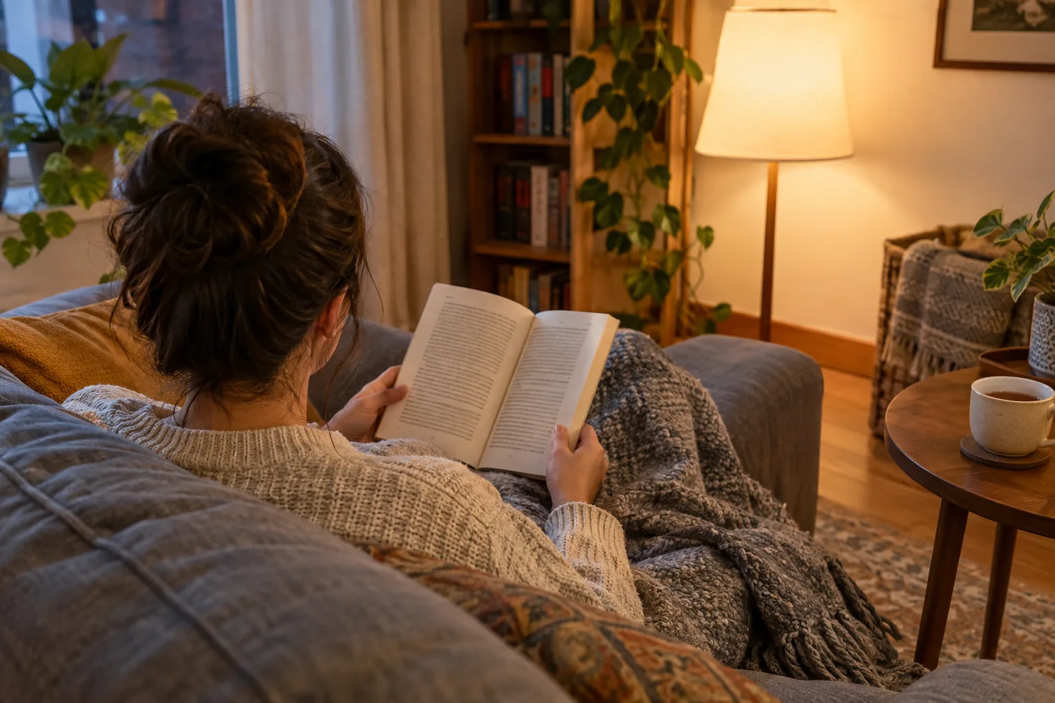 Person seen from behind reading on a couch in a quiet living room corner