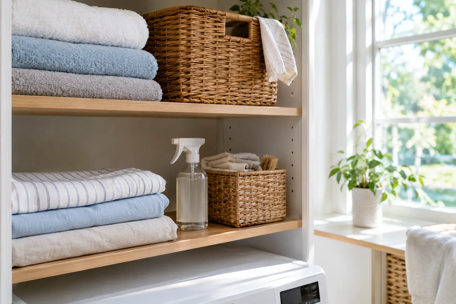 Folded soft fabrics on a laundry shelf, illustrating care for a heated neck & shoulder wrap cover