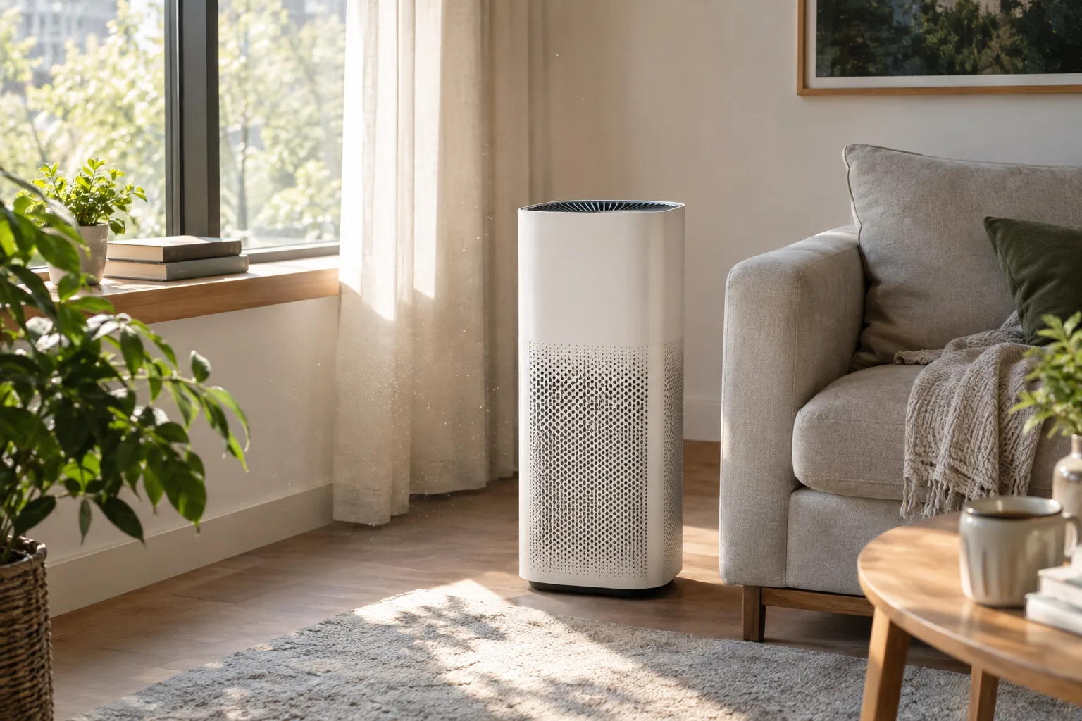 Plain tower air purifier standing near a sofa in a bright living room corner