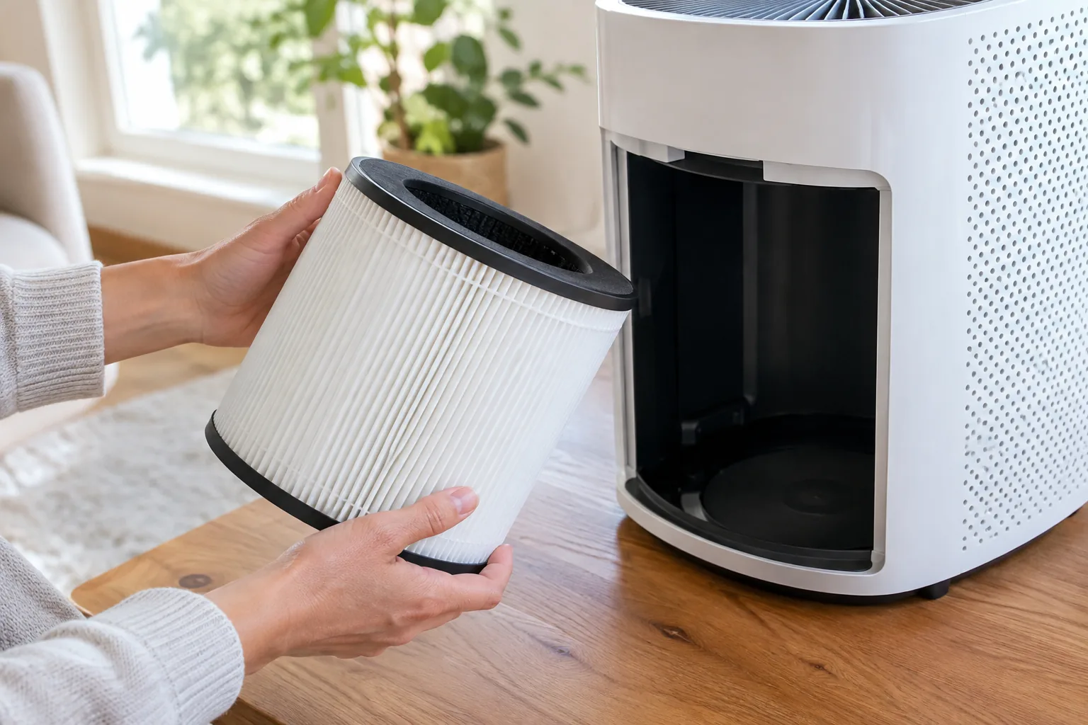 Hands holding a pleated filter during a filter change