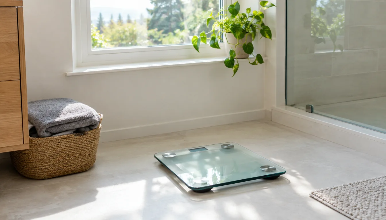 A body composition scale on a bathroom floor in morning light