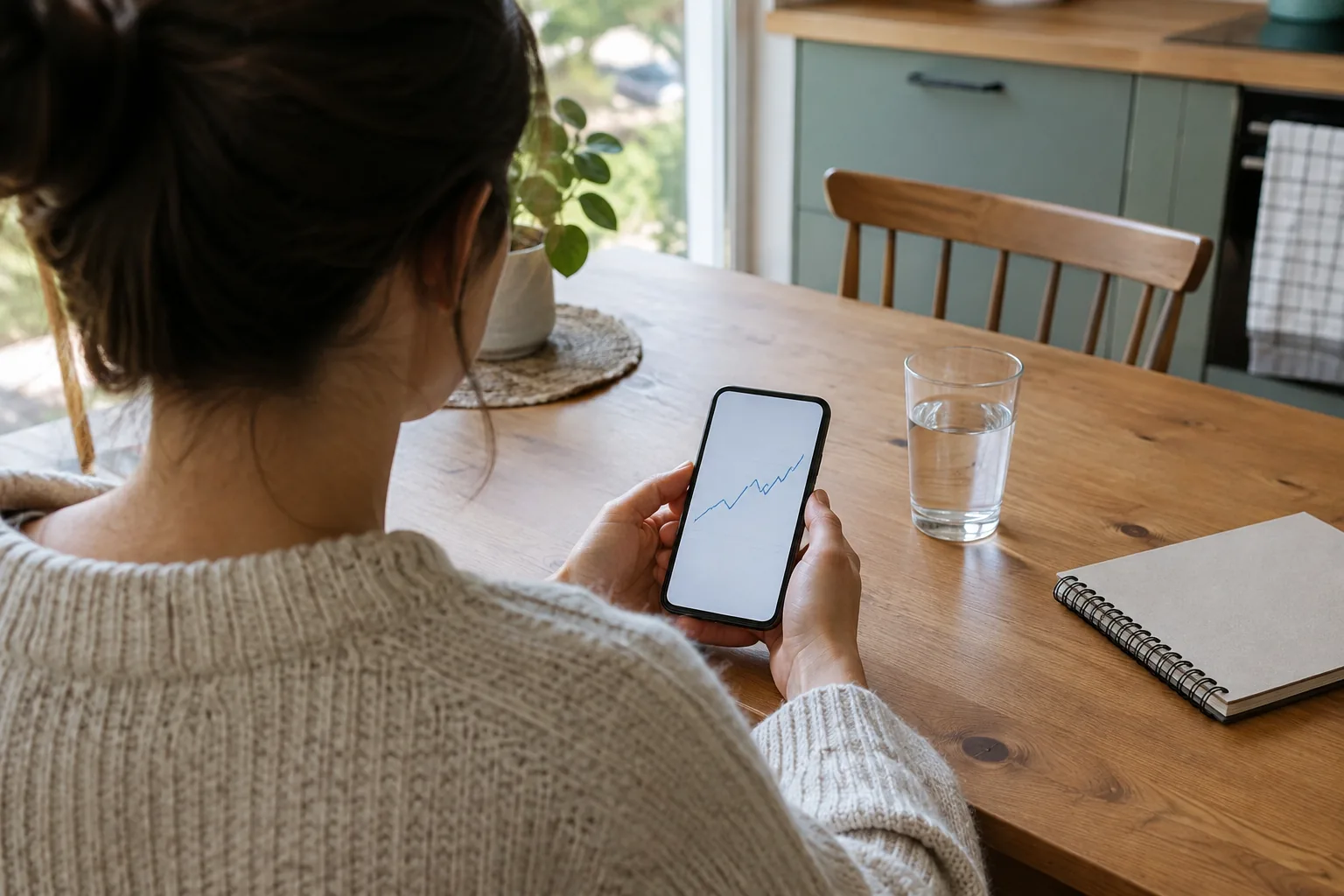 Person checking a weekly trend chart on a phone at a kitchen table