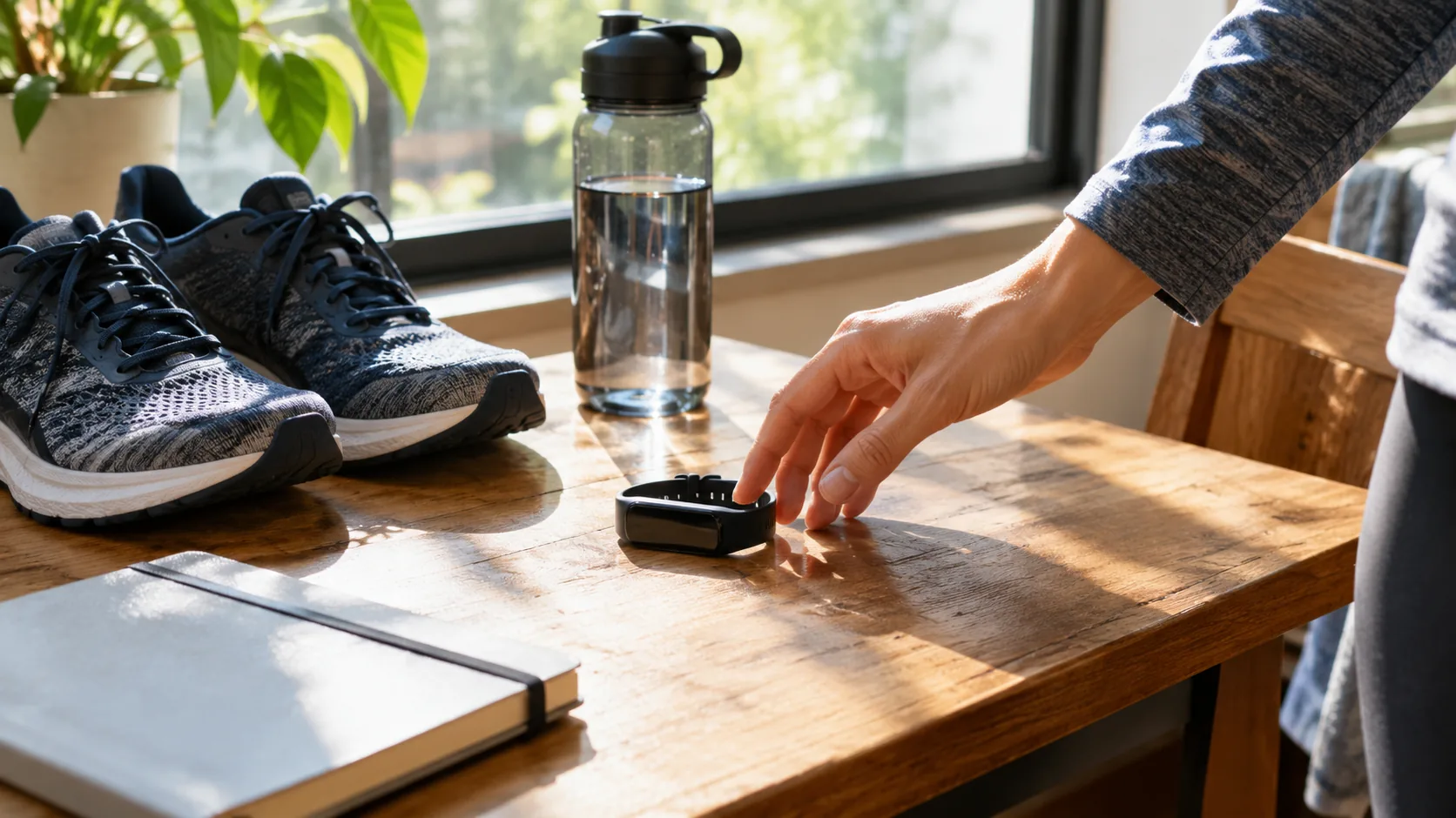 Fitness tracker, running shoes and water bottle on a table in morning light