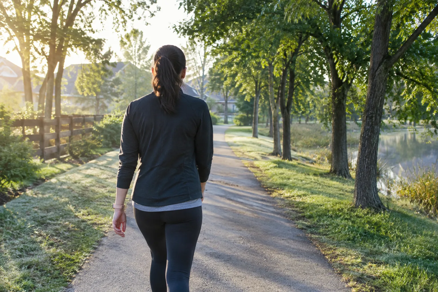 Walker on a trail wearing a good fitness tracker band in morning light