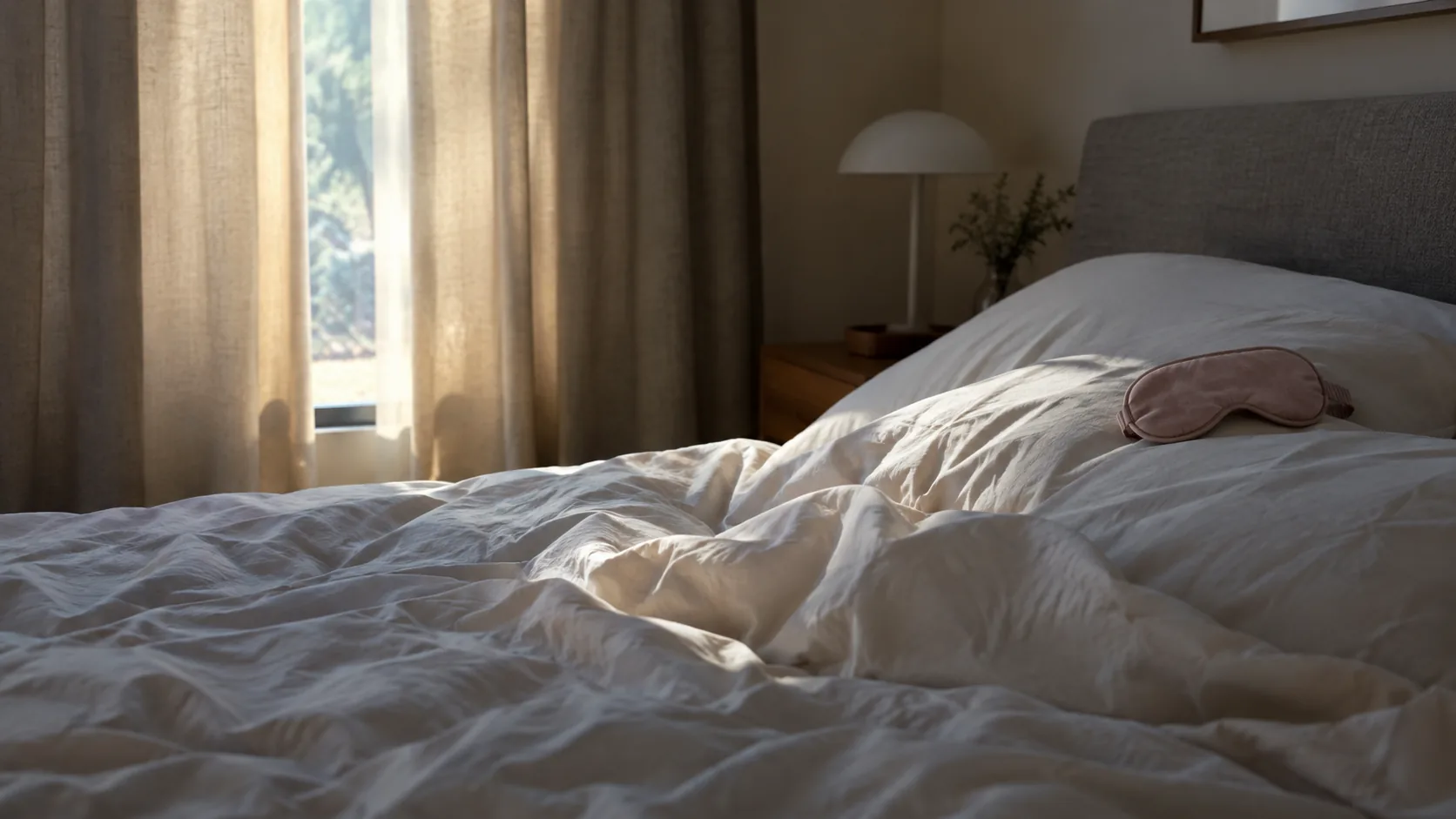 Bedroom with morning light at the curtain edges and a sleep mask resting on a pillow, a typical mask sleep setup