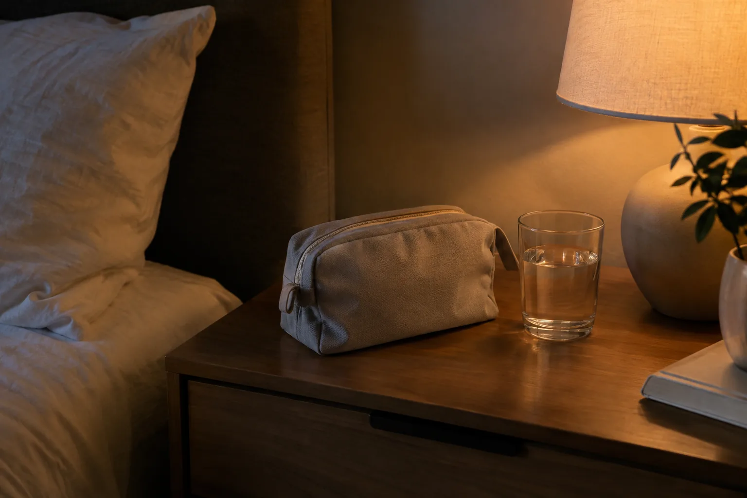 Nightstand with a travel pouch and a low lamp in a dim bedroom
