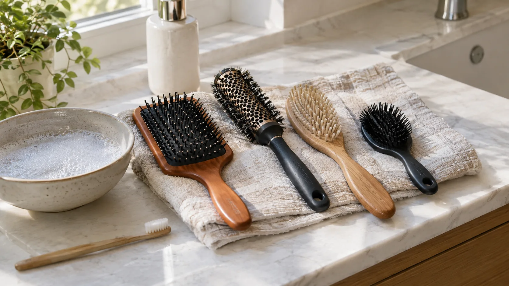 Assorted hairbrushes on a towel beside a bowl of soapy water ready for cleaning