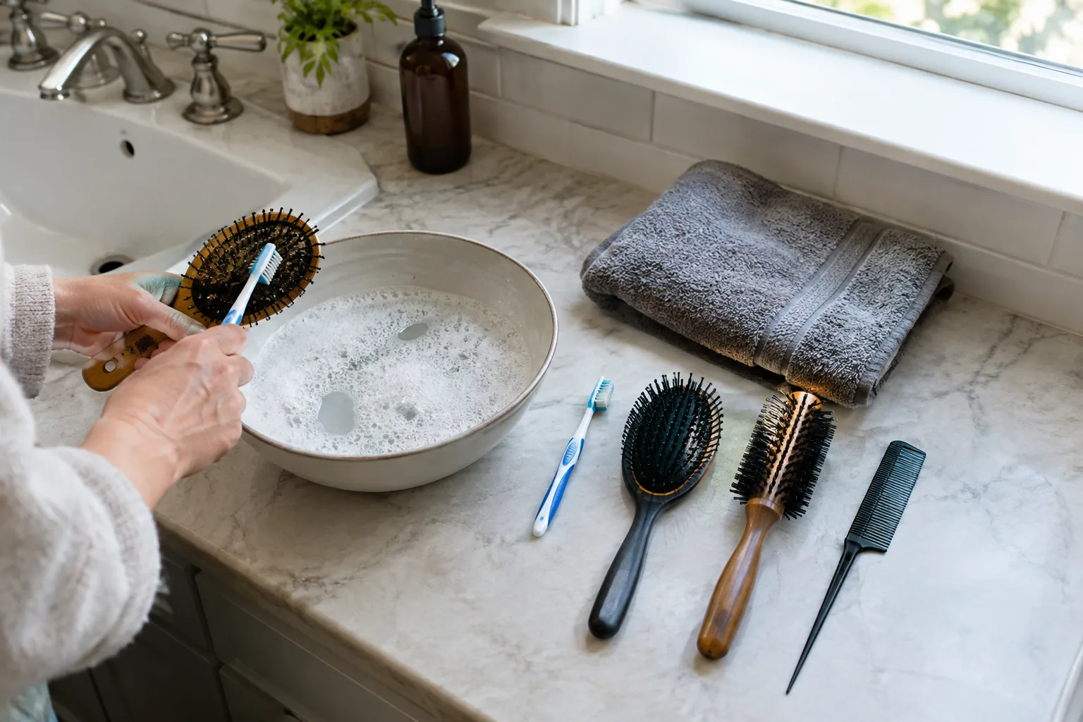 Bathroom counter set up with a bowl of soapy water and tools for how to clean hair brushes