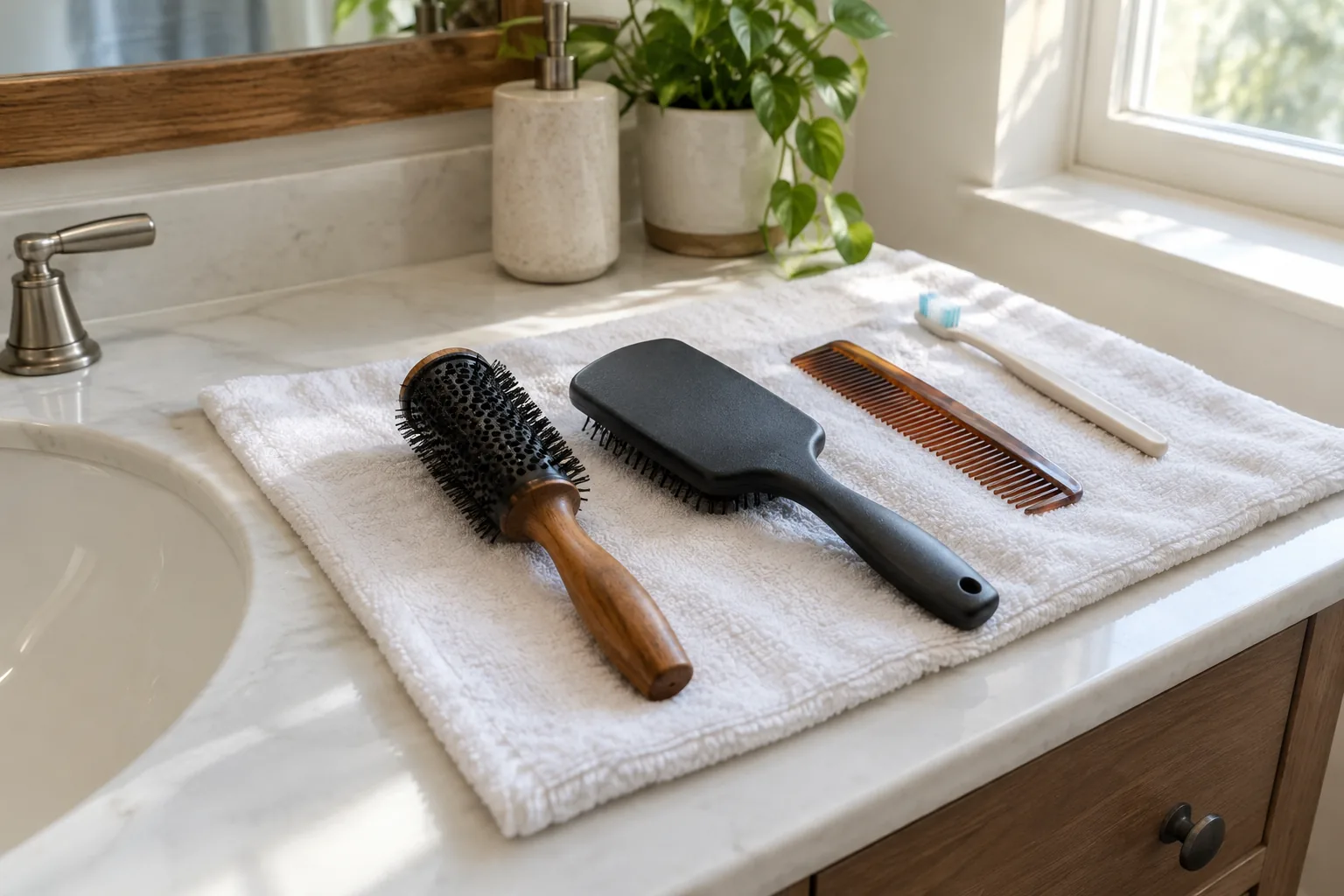 Hairbrushes air drying bristle-side down on a towel on a vanity