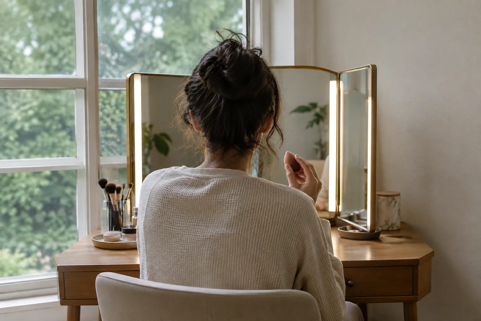 Adult seen from behind blending makeup at a vanity with a lit mirror