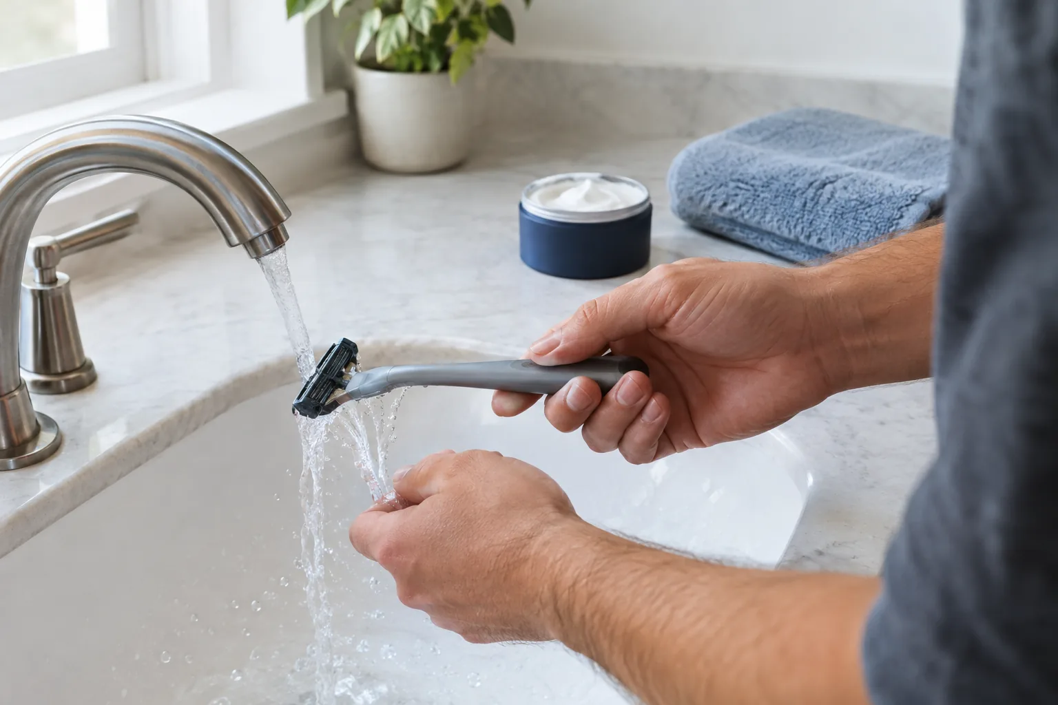 Hands rinsing a razor at a sink, one step in how to shave your face