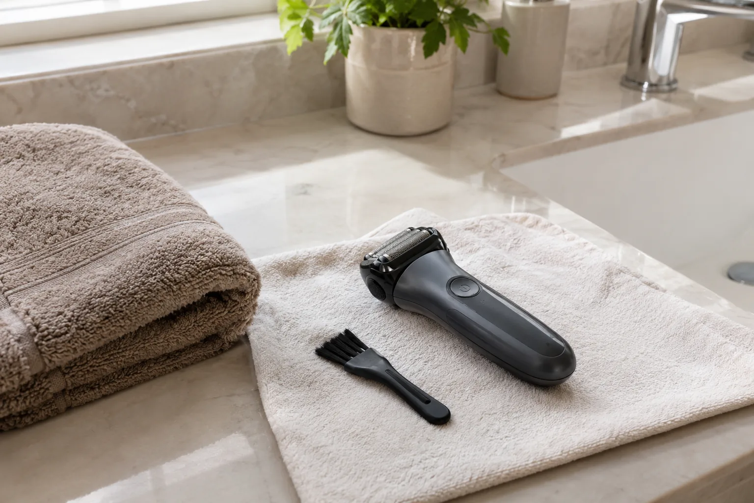 Electric face shaver drying on a cloth next to a cleaning brush after shaving