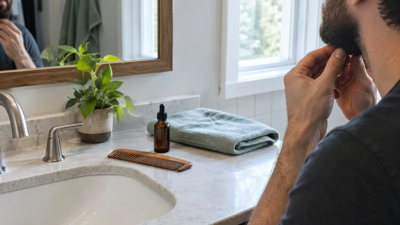 Bathroom vanity set up for a beard grooming routine