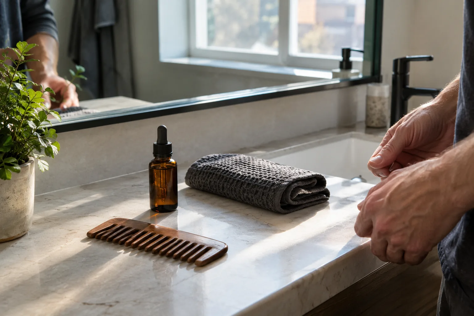 Straightener beard: grooming supplies laid out on a bathroom counter before styling a beard
