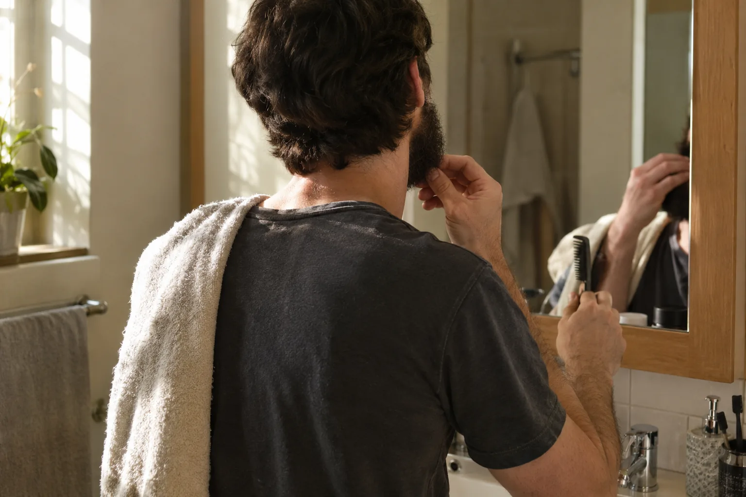Man sectioning his beard in front of a bathroom mirror before styling