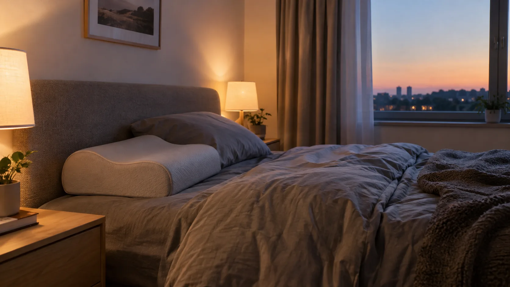 Bedroom at dusk with a contoured cervical pillow set at the head of the bed