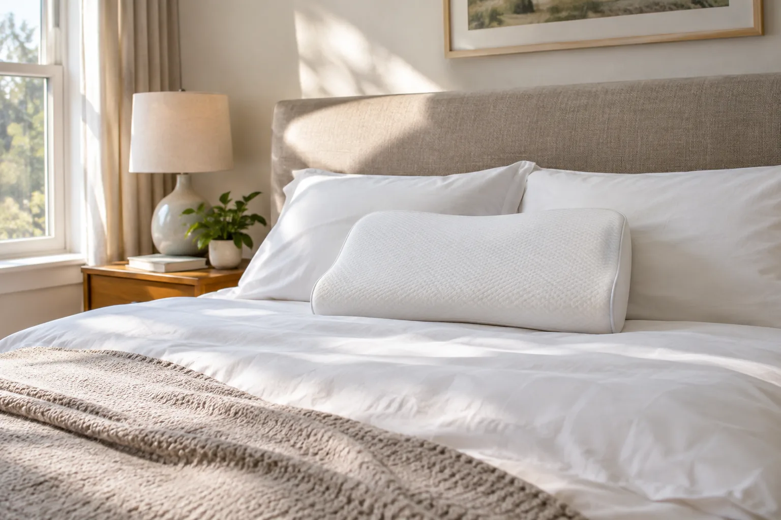 How to use a cervical pillow: contoured pillow centered at the head of a made bed in morning light