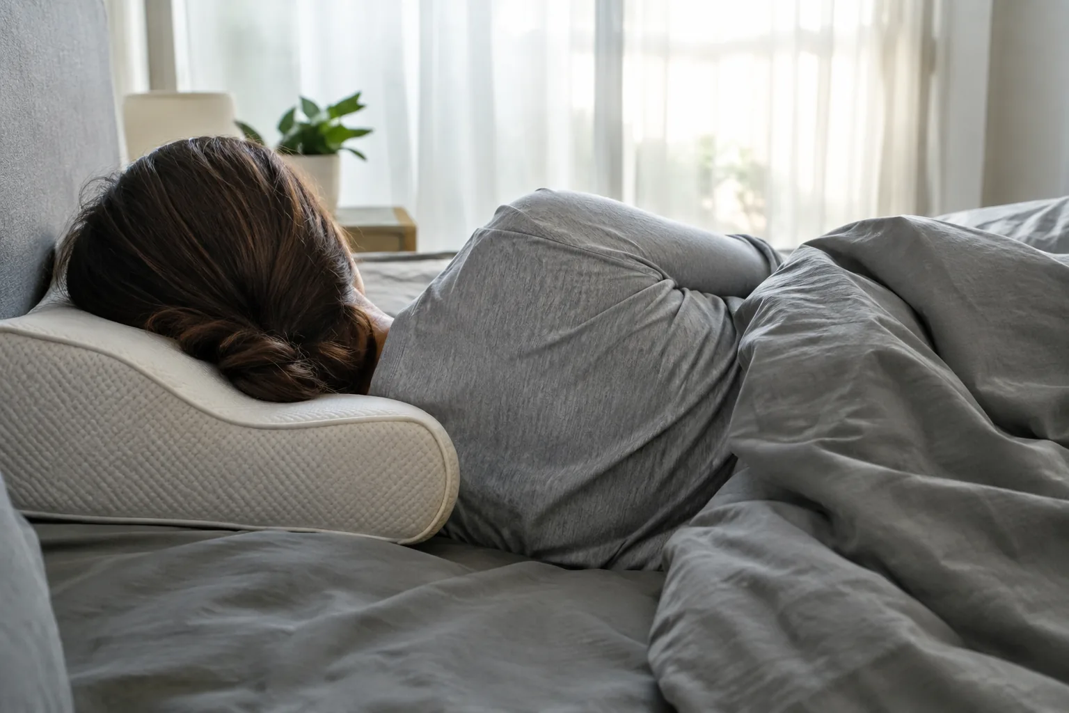 Side sleeper seen from behind with head resting on a contoured pillow in morning light
