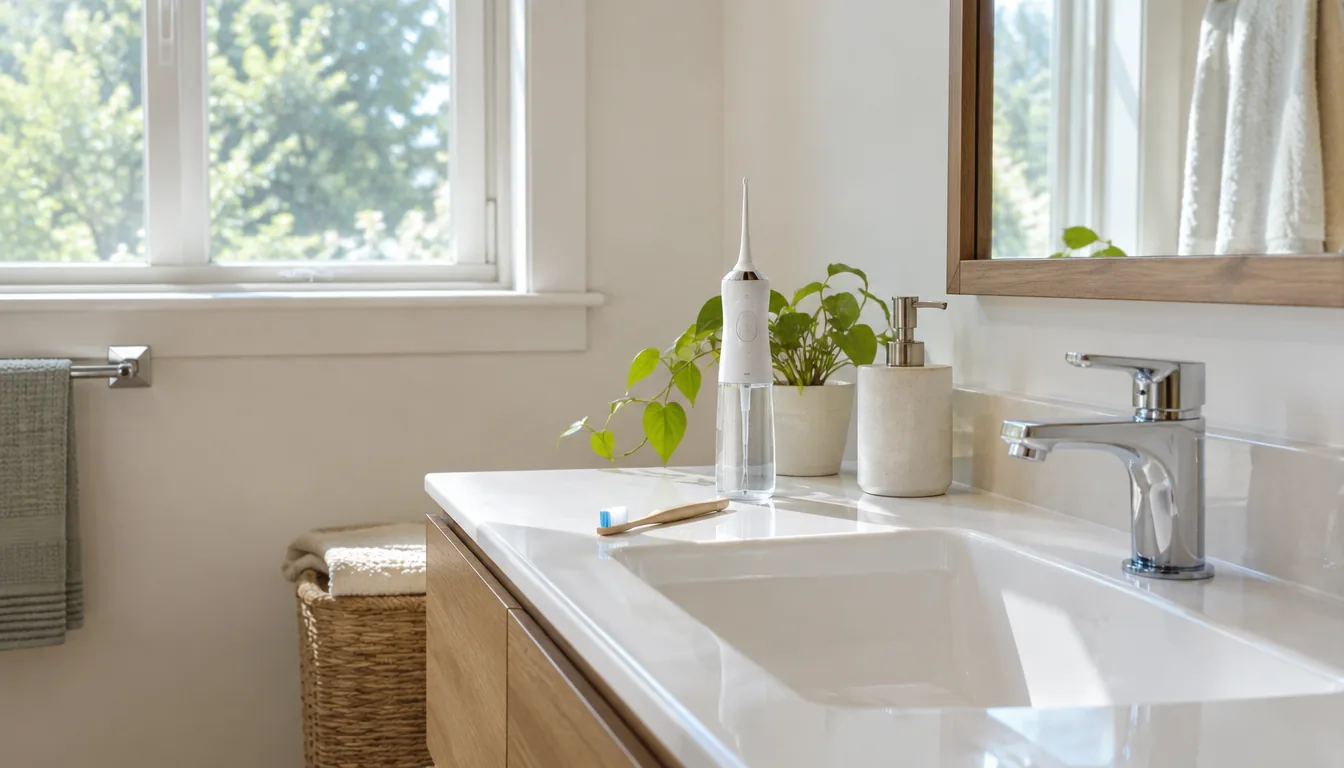 Bathroom counter set up for learning how to use a water flosser