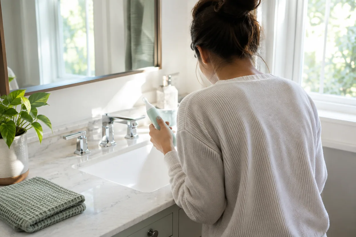Person leaning over a bathroom sink to use a water flosser