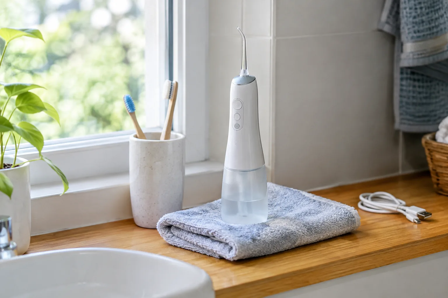 Water flosser drying on a bathroom shelf after cleaning