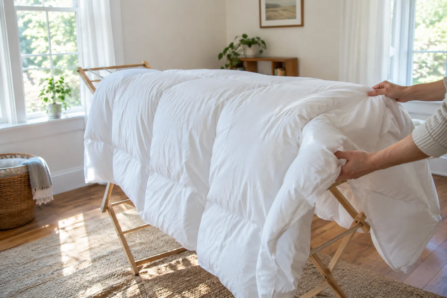 Fluffing a freshly dried down comforter on a drying rack