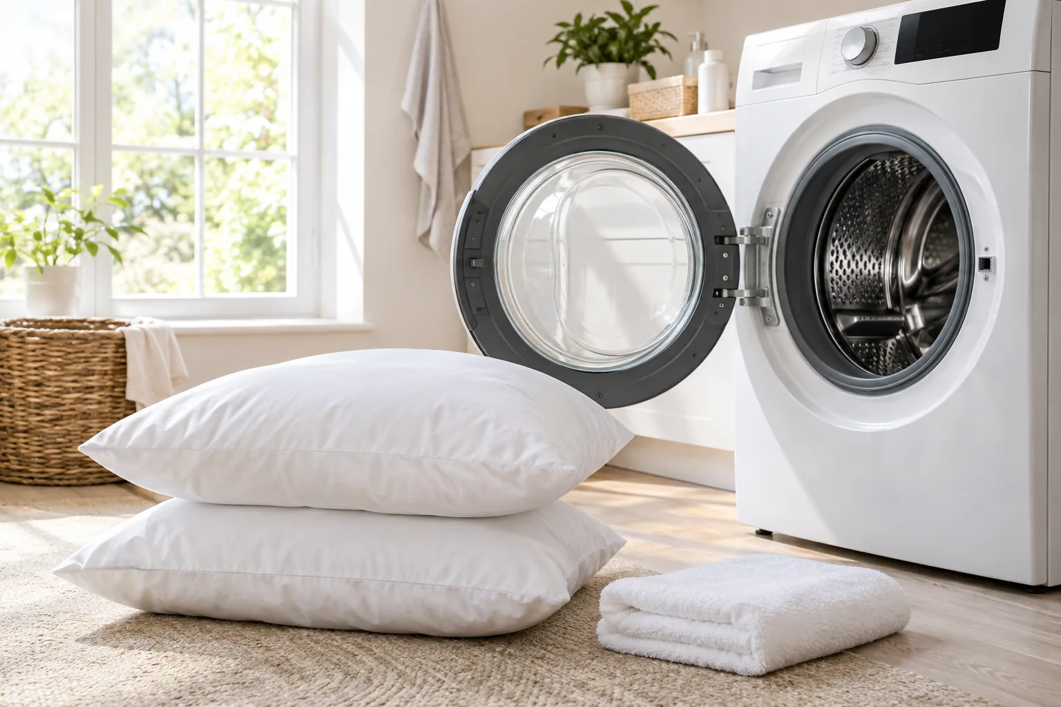 Pillows ready to load into a front-loading washer before washing